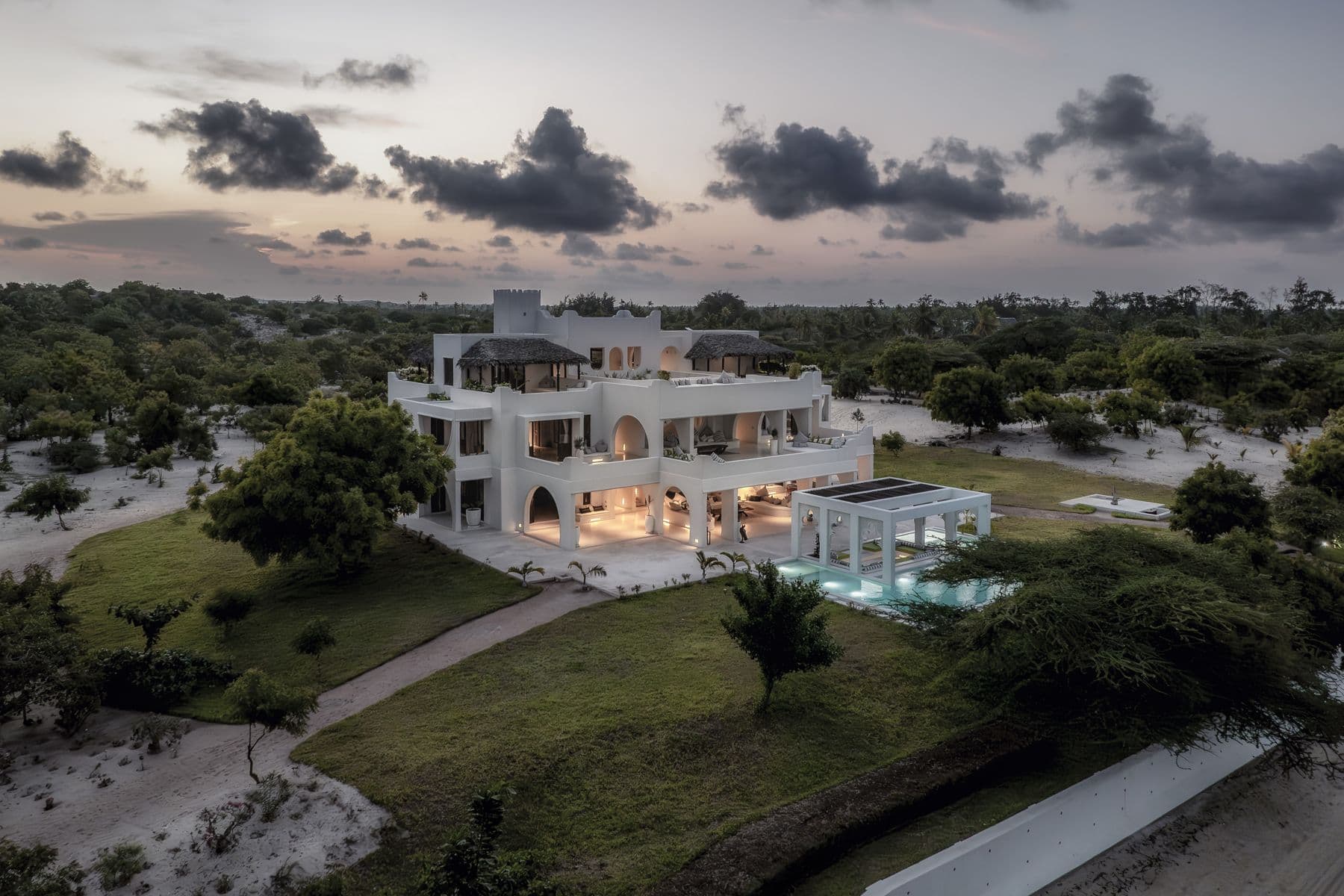 Pamba House in the evening, from the air