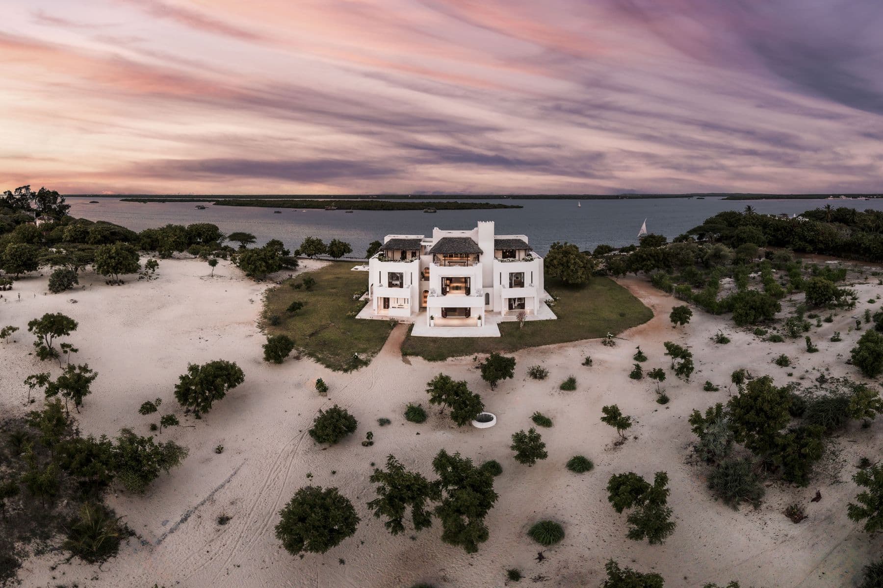 Pamba House from the air at sunset, Lamu