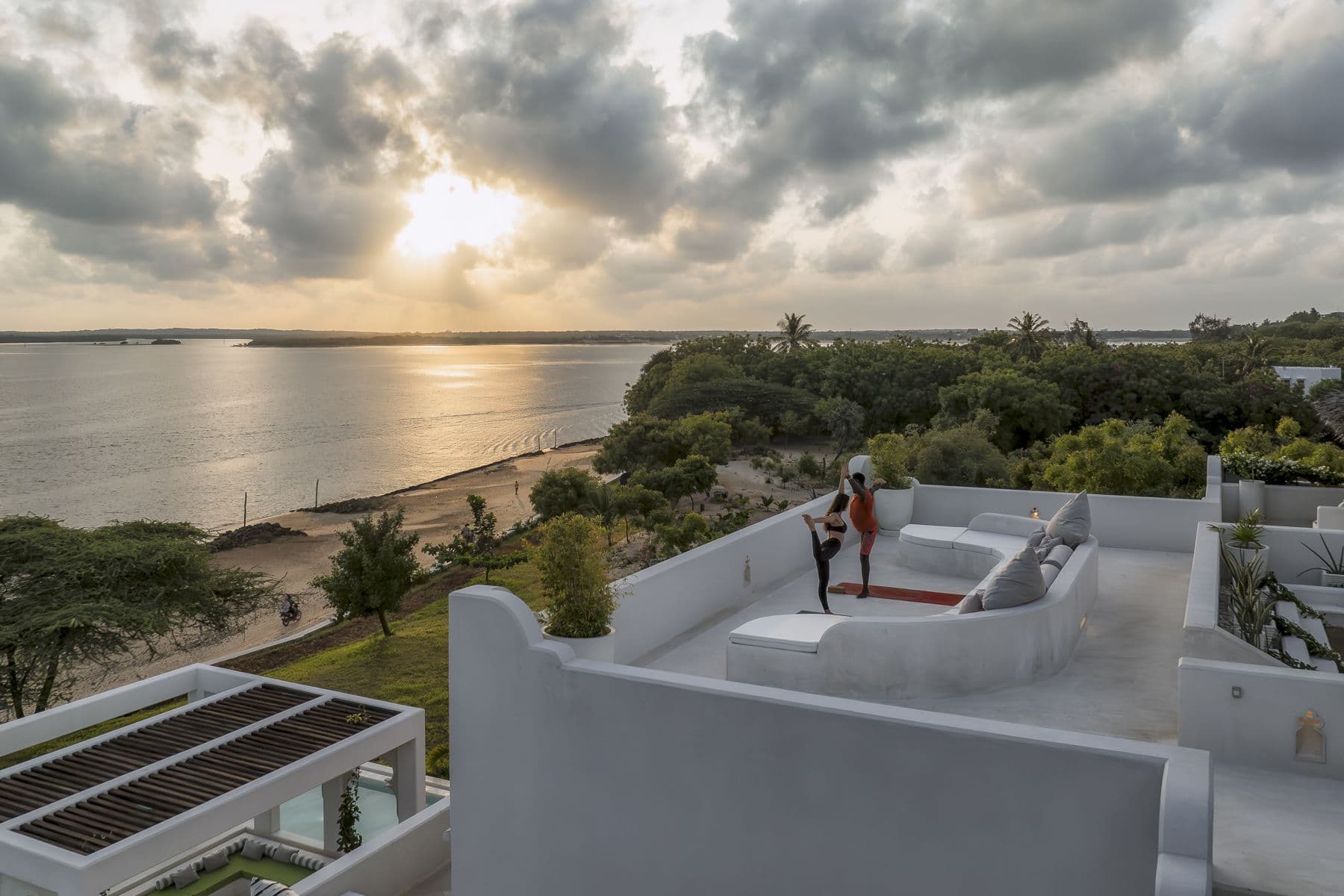 Sunrise yoga on the roof, from above